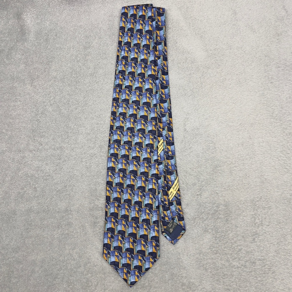 Ermenegildo Zegna Geometric Tie 100%‎ Silk Made In Italy Designer Blue Gold
